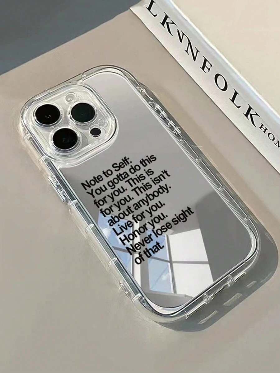 1pc Black English Slogan Mirror Phone Case With Makeup Mirror, PC Hard Shell 1.5mm 2-In-1 Full Coverage, Precise Cutouts, Raised Camera Protection, Airbag Anti-Drop, Comfortable Buttons, Compatible With IPhone 16 Pro Max/15 Plus/14/13/12/11/16E/IPhone 17/17 Pro/17 Air/17 Pro Max
