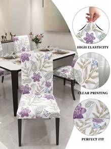 1/4 件叶子和花朵印花高背椅套，弹力牛奶丝面料，防尘/防污，适合客厅、餐厅、卧室、书房、所有季节 - 彩色 - 查看 7