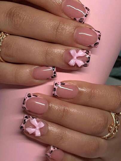 10 stuks S/M/L maat French Tip Press On Nails Korte vierkante nepnagels met luipaardprint Franse roze strikontwerpen Naakte lijmnagels Druk op glanzende nepnagels Herbruikbare schattige plaknagels voor vrouwen Nagelbenodigdheden Nagels