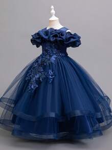 年轻女孩 3D 花朵网眼拼接露肩礼服，花童生日派对舞蹈演奏礼服，优雅钢琴演奏公主裙 - 藏蓝色 - 查看 2