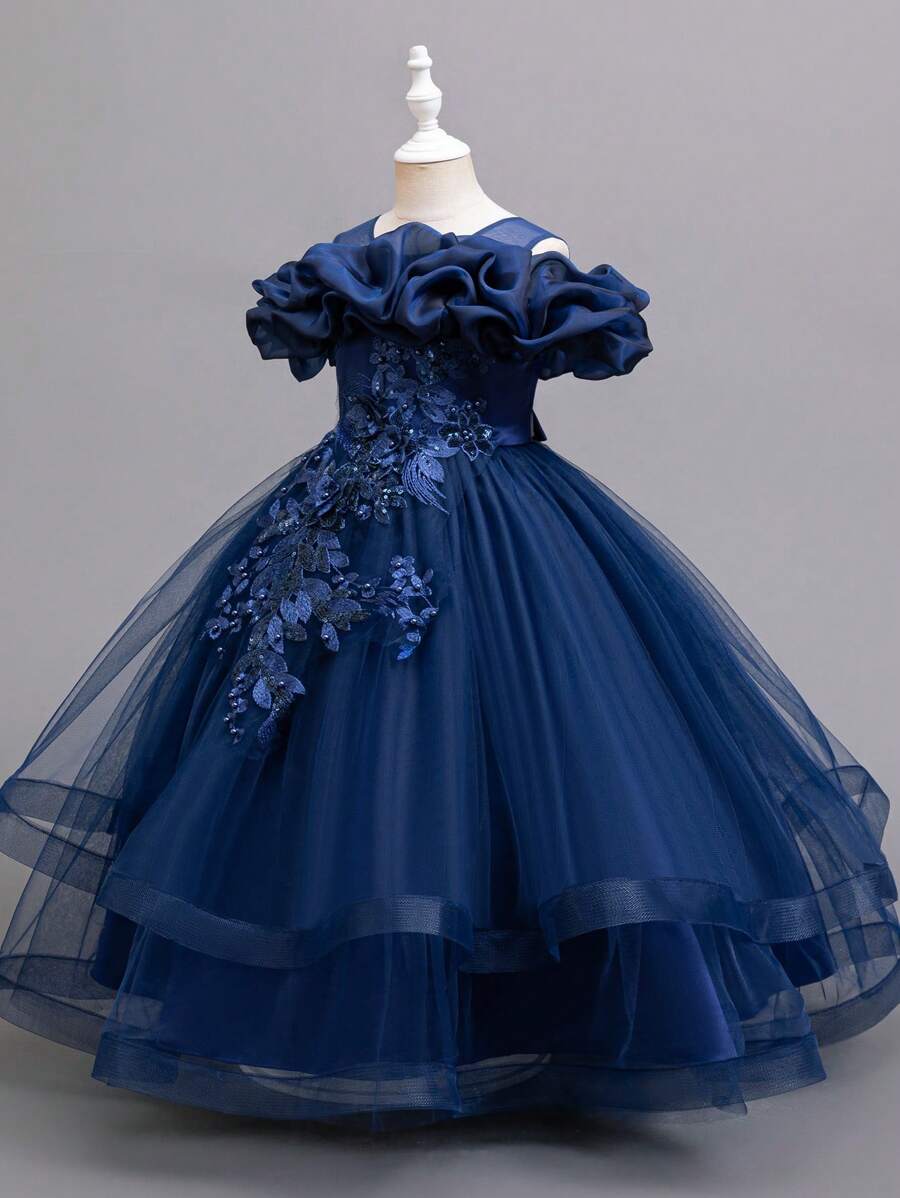 年轻女孩 3D 花朵网眼拼接露肩礼服，花童生日派对舞蹈演奏礼服，优雅钢琴演奏公主裙