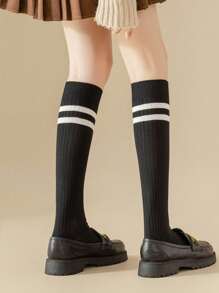 1双/5双女式条纹褶皱竖条纹小腿袜 - 黑色 - 查看 10