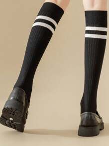 1双/5双女式条纹褶皱竖条纹小腿袜 - 黑色 - 查看 11