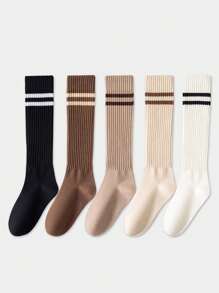 1双/5双女式条纹褶皱竖条纹小腿袜 - 黑色 - 查看 3