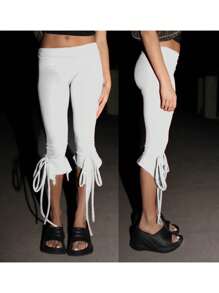 Women Capri Pants Solid Color Elastic Waist Tie-Up Summer Casual Cropped Pants Stretch Crop Leggings - White - View 5