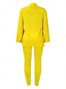 Women's Plus Size Tracksuits Outfits Solid Color V-Neck Long Sleeve Slit Hem Tops With Leggings 2 Pcs Set - Yellow - View 6