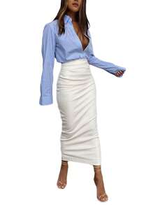 Women Autumn Sexy Skirt, Adults Slim-fit Solid Color Slit Leather Skirt Black, White - Blanco - Ver 3