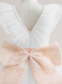 Tween Girls V-Neck Multi-Layer Mesh Bow Decor Elegant Hostess Dress, Suitable For Party & Birthday