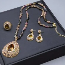 复古宝石女士首饰套装：土耳其苏丹石变色绿柱石天然原石串珠吊坠项链、耳环、开口戒指、毛衣链装饰，适合派对礼服