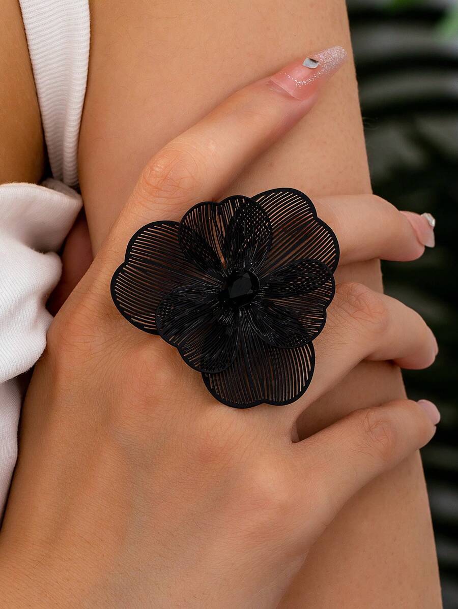 1 szt. Romantyczny, kolorowy pierścionek w kształcie kwiatu, prezent dla kobiet na Walentynki - Czarne - Zobacz 1
