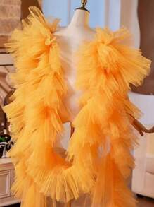 欧美新娘面纱/披肩，露背晚礼服披肩配饰，带拖尾，女士秋季服装 - 亮橙色 - 查看 4