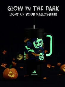 1pc 40oz Halloween Tumbler With Handle, Insulated Water Bottle, 2-In-1 Straw And Sip Lid, Insulated Stainless Steel Travel Mug, Keeps Cold For 34 Hours Or Hot For 10 Hours, Valentine's Day Gifts, Suitable For Outdoor Camping And Car Travel - 黑色 - 查看 3