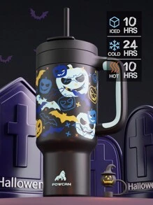 1pc 40oz Halloween Tumbler With Handle, Insulated Water Bottle, 2-In-1 Straw And Sip Lid, Insulated Stainless Steel Travel Mug, Keeps Cold For 34 Hours Or Hot For 10 Hours, Valentine's Day Gifts, Suitable For Outdoor Camping And Car Travel - 黑色 - 查看 4
