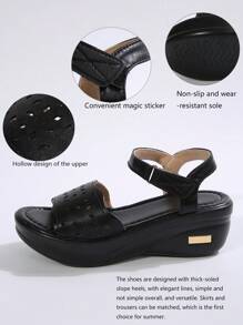 女款夏季新款時尚楔型涼鞋，開放式前端厚底羅馬鞋，輕巧多用 - 黑色 - 查看 12