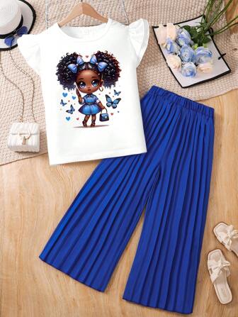 Tween 女童卡通图案短袖上衣和阔腿裤 2 件套