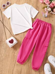 Conjunto de niña preadolescente con top de manga corta con estampado de dibujos animados y pantalones cargo - Blanco - Ver 2