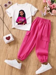 Conjunto de niña preadolescente con top de manga corta con estampado de dibujos animados y pantalones cargo - Blanco - Ver 1