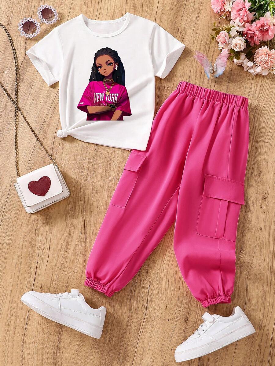 Conjunto de niña preadolescente con top de manga corta con estampado de dibujos animados y pantalones cargo - Blanco - Ver 1
