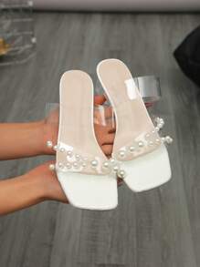 Plus Size Women's Square Toe Ankle Strap Sandals, Chunky Wedge Heel, White Transparent Pearl Decor, Comfortable And Non-Slip For Party, Beach And Home/Outdoor Wear Valentines