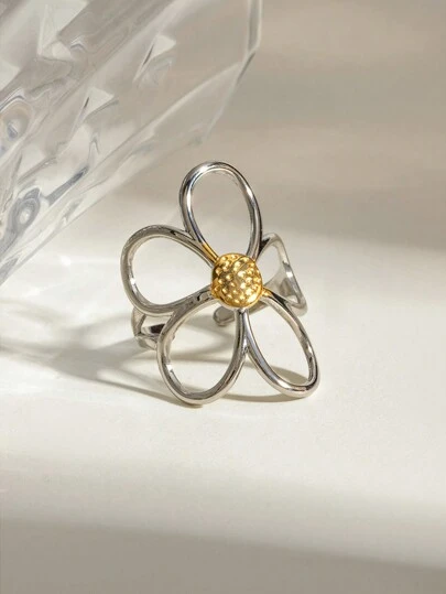 Uworld 1 Pieza Anillo de mujer de acero inoxidable chapado en oro de 18K con diseño hueco de flor en color dorado y plateado, de alta calidad y resistente al agua, adecuado para uso diario, vacaciones, etc. Regalo de San Valentín, Mamá, Madre, Día de la Madre