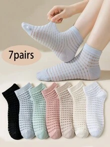 7 Pairs Women's Elastic Crystal Mesh Breathable Net Ankle Socks, Solid Color Versatile Casual Socks Suitable For Spring & Summer