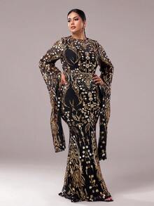 seomiscky Women Plus Size Elegant Contrast Sequin Bodycon Formal Evening Dress, Party Dress, Wedding Guest Dress,Gown - Gold - View 4