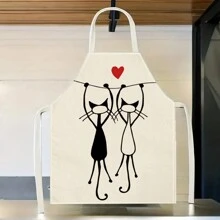 1/2pcs Black & White Cat Printed Linen Couple Apron, Creative Funny Fashion Printed Waterproof Oil-Proof Easily Washed Household Cleaning Cooking Baking Apron, Creative Home Apron, Work Uniform - Multicolor - View 7