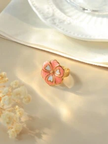 1pc Double-Color Drip Oil Heart Flower Ring For Women, Cute & Sweet Daily Versatile Band, Suitable For Everyday Wear And Gift