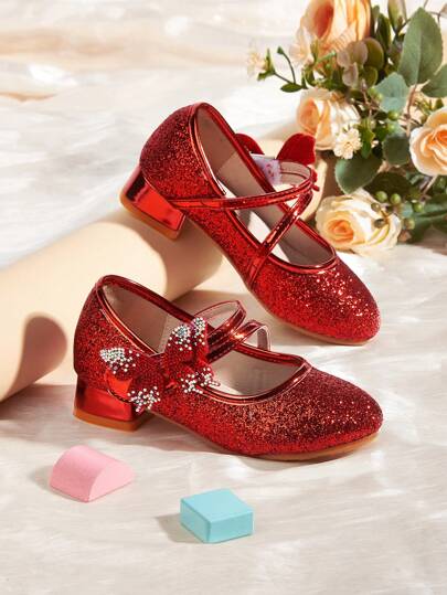 زوج من أحذية البنات الصغيرات المرصعة بالراين والفيونكة، أحذية أميرة ذات كعب منصة وأصبع مستدير، أحذية للحفلات الرسمية والعروض، أحذية عيد الميلاد، أنيقة وعصرية، متعددة الاستخدامات، مناسبة للربيع والصيف والخريف