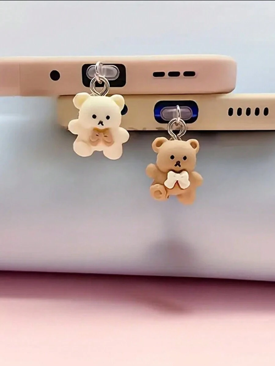 1 Set Mocha Brown Small Bear Design Silicone Anti-Dust Plug Compatible With Apple IPhone/Type-C/USB Interface