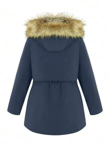 Risissida Damen Mantel mit Kapuze und fellbesetztem Kragen, geeignet für Herbst und Winter Saison. - Blau - Übersicht 3