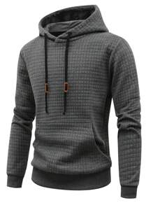 Sudadera de hombre de primavera/otoño con estampado de jacquard, patrón de cuadros, bolsillo, dobladillo acanalado - Gris Oscuro - Ver 1