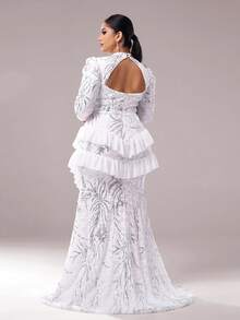 seomiscky Plus Size Women Formal Sequin & Mesh Patchwork Design Party Dress, Wedding Guest Dress, Evening Dress,Gown - White - View 8
