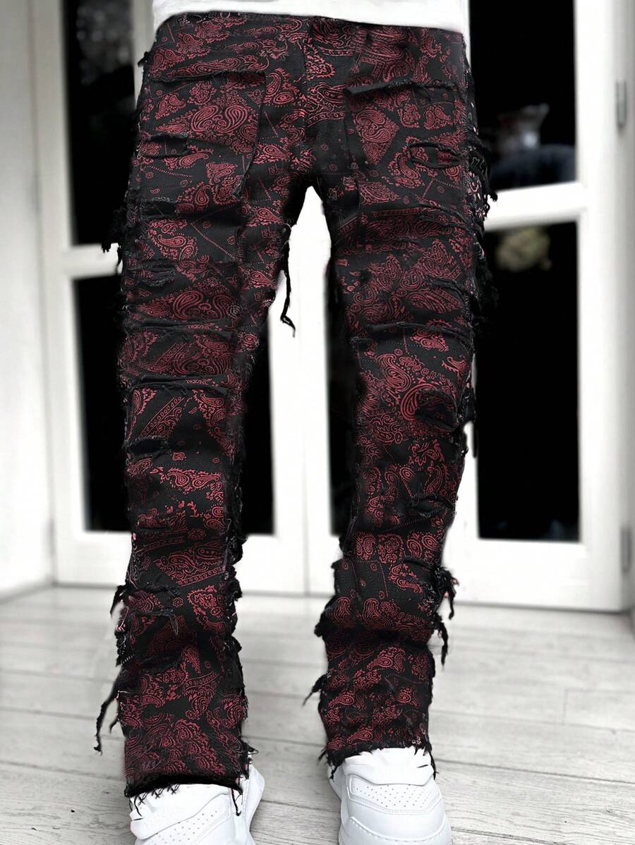 Men's Fashion Printed Fringe Jeans, Grunge - Black - View 1