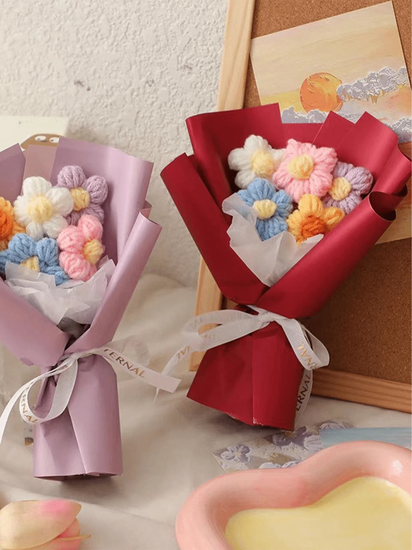 Handmade Crochet Flower Bouquet,Ideal Gift For Mother,Friends,Birthday And Anniversary,Home Table Wedding Party Gardening Decoration Crochet Flower Bouquet ,Handmade Gift ,Creative Woven Flowers ,Puffy Small Bouquet , Floral Decoration ,Gift ,Home Decoration