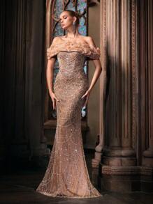 Vestidos de festa de champanhe com lantejoulas e bainha de sereia para mulheres, vestidos para jantar, coquetel, festa à noite, vestido de convidado de casamento, vestido formal - Champagne - Ver 6