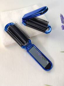 1pc Shiny Electroplated Blue Foldable Comb With Built-In Small Mirror, Compact And Portable For Bag - Blue - View 11