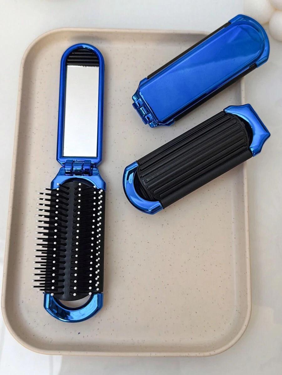 1pc Shiny Electroplated Blue Foldable Comb With Built-In Small Mirror, Compact And Portable For Bag - Blue - View 1