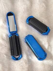 1pc Shiny Electroplated Blue Foldable Comb With Built-In Small Mirror, Compact And Portable For Bag - Blue - View 6