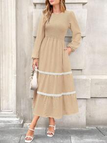 Ladies Spring MIDI Elegant Floral Long Sleeve Ruffled Bohemian Style Wedding New Year's Party Long Flowing Dress - Apricot - View 2