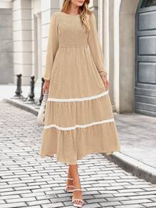 Ladies Spring MIDI Elegant Floral Long Sleeve Ruffled Bohemian Style Wedding New Year's Party Long Flowing Dress - Apricot - View 5