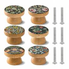 6Pcs Creative Handmade Beech Wood Engraved Beautiful Flower And Grass Art Pattern Bowl Shaped Furniture Handles With Screws Dresser Knob Kitchen Cabinet Pulls Wooden Single Hole Drawer Knobs
