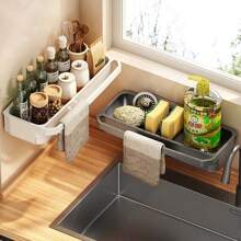 1 pezzo Multi-funzione Supporto per rubinetto da cucina, porta sapone liquido e spugna da lavello montato a parete