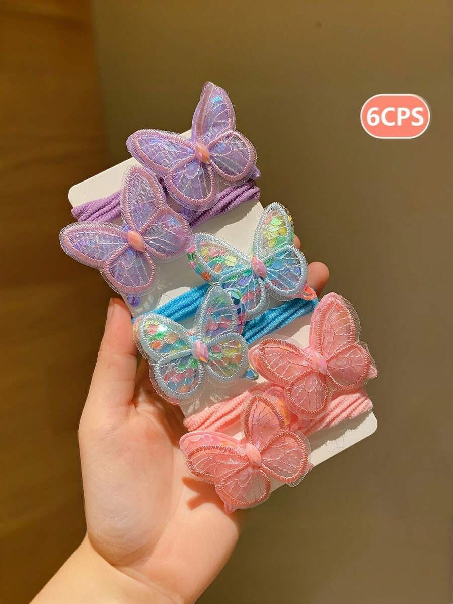 6 件装可爱蝴蝶头带和弹性发带，柔软涤纶发饰，适合 3-14 岁女孩 - 彩色 - 查看 1