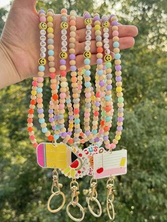 1pc Retractable Lanyards For Id Badges Teacher Lanyard With ID Holder Acrylic And Wooden Beaded Lanyard For Keychain Personalized Gift For Women Car Accessories Bag Charm School Bag Charms Car Accessories Friend Sister Gift Ideas