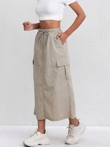 Americana Women's Cargo Skirt, Vintage Style, Lightweight Breathable Fabric, Multiple Pockets, A-Line, High Waist, Slit, Slimming