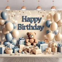 Multi-Purpose Blue Bear Birthday Background Cloth - Polyester Banner, Suitable For Parties, Anniversaries, Etc. - Perfect Choice For Indoor/Outdoor Decoration - 1pc - View 2