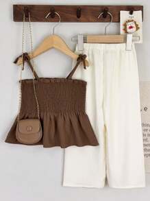 Young Girl 2Pcs Casual Woven Fabric Plain Camisole & Trousers Set For Summer