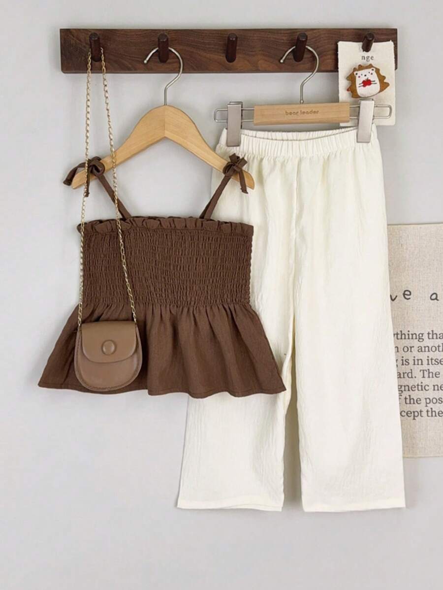 Young Girl 2Pcs Casual Woven Fabric Plain Camisole & Trousers Set For Summer