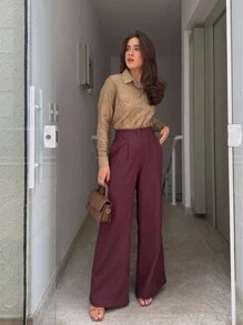 JEMMY MODA Women's LYOCELL Woven Wide Leg Pants, Casual Pocket, WITH BELT - 黏土紅 - 查看 3